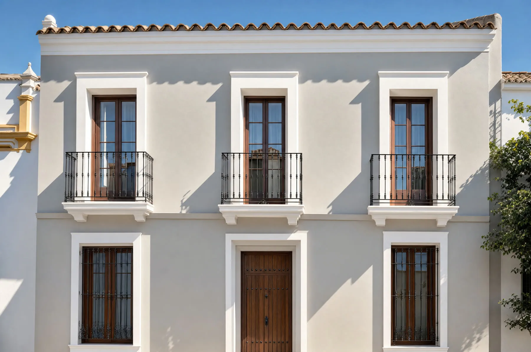 Fachada de vivienda recién pintada, con revoco liso y mochetas de ventana en blanco
