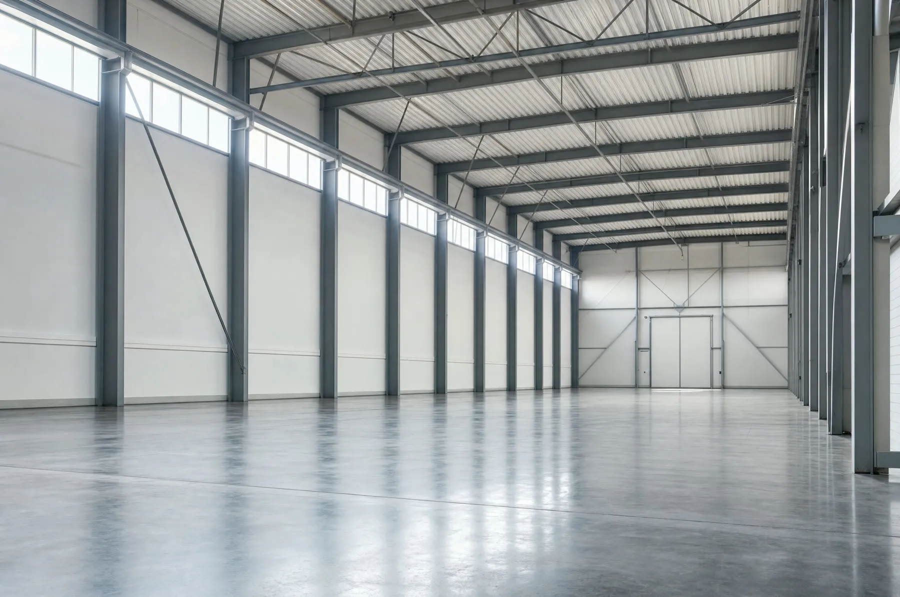 Nave industrial diáfana con paramentos claros recién pintados y estructura metálica vista