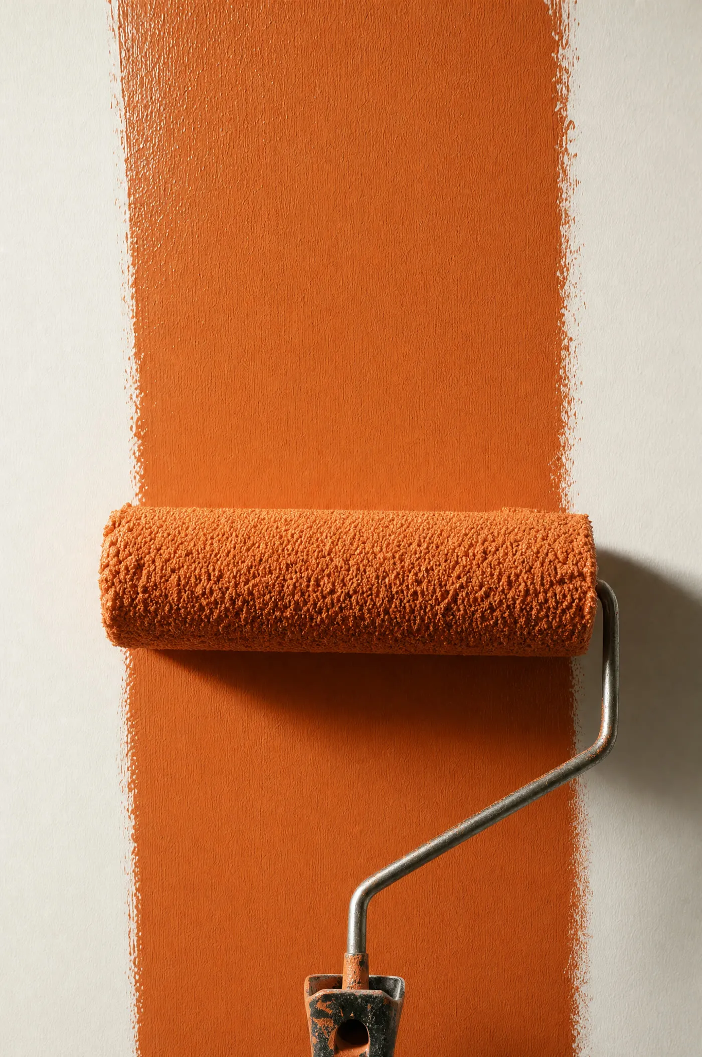 Rodillo cargado de pintura terracota subiendo una franja de color por una pared clara